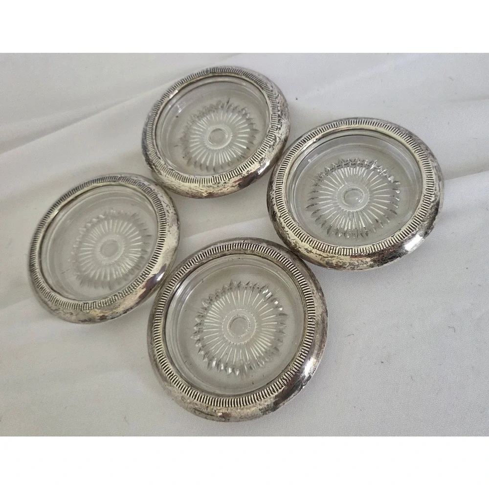 Vintage Set of 4 Starburst Cut Glass Coasters with Silver plated Metal Rims